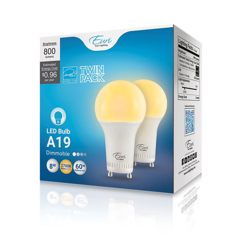 A19 GU24 LED Light Bulb - 8 Watts - 3000K - 800 Lumen