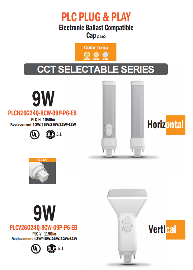 PLC Horizontal - 4 Pin - G24Q - LED Light Bulb - 9 Watts LED - 3 CCT - Replacement for CFL